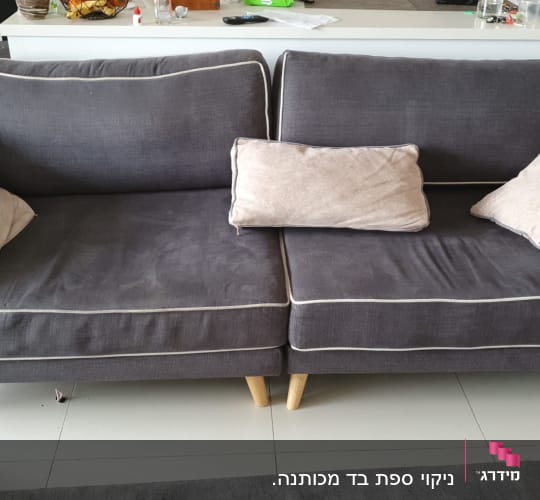 ספה אפורה עם כריות בהירות לניקוי